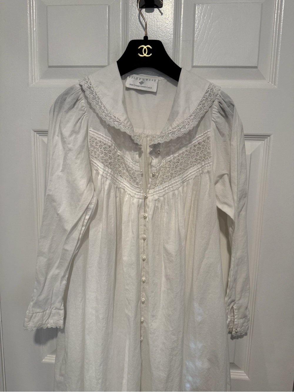 Vintage Eileen West Queen Anne’s Lace White Cotton Nightshirt Nightgown Pearl - Picture 3 of 12